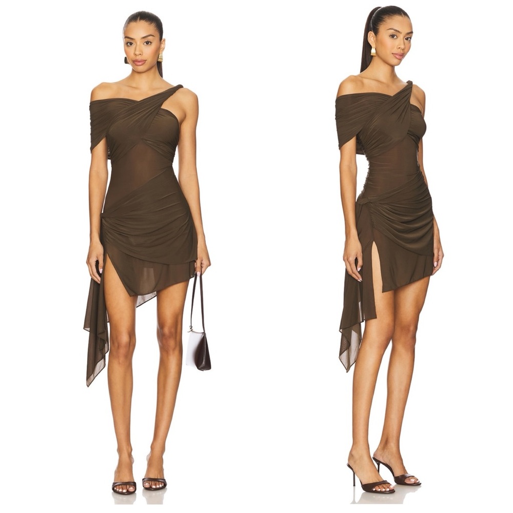 Ronny Kobo Izel Dress in Desert Chocolate Brown Draped Mesh Twist Mini Revolve - Picture 2 of 13